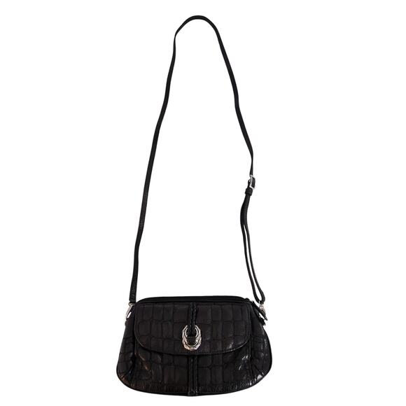 Brighton Black Leather Croc Embossed Small Crossbody Shoulder Bag Purse - Picture 1 of 12